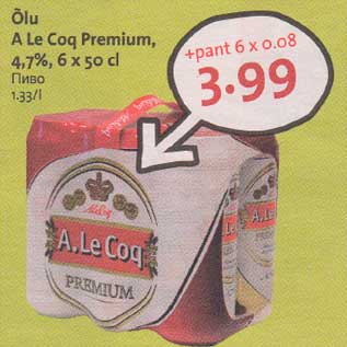 Allahindlus - Õlu А Lе Coq Рrеmium, 4,7%,6 х 50 cl