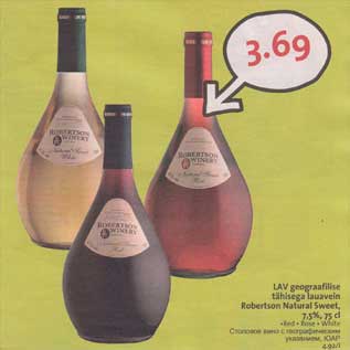 Allahindlus - LAV geograafilise tähisega lauavein Robertson Natural Sweet,7,5%, 75 cl .Red .Rose .White