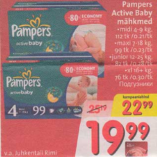 Allahindlus - Pampers Active Baby mähkmed .midi 4-9kg,112tk/0,21/tk .maxi 7-18 kg, 99tk/0,23kg .junior 12-25kg, 82tk/0,28/tk .xl 16+ kg,76tk/0,30/tk