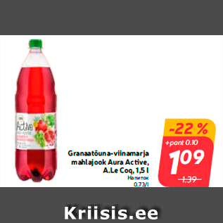 Allahindlus - Granaatõuna-viinamarja mahlajook Aura Active, A.Le Coq, 1,5 l