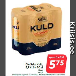 Allahindlus - Õlu Saku Kuld, 5,2%, 6 x 50 cl