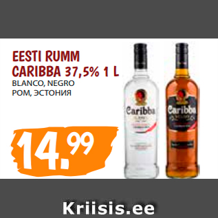 Allahindlus - EESTI RUMM CARIBBA 37,5% 1 L BLANCO, NEGRO