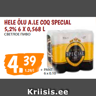 Allahindlus - HELE ÕLU A.LE COQ SPECIAL 5,2% 6 X 0,568 L