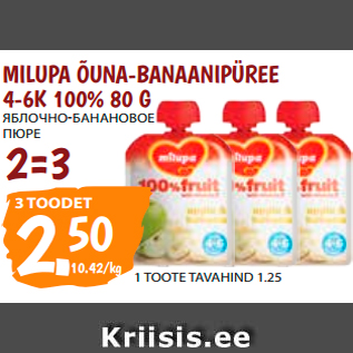 Allahindlus - MILUPA ÕUNA-BANAANIPÜREE 4-6K 100% 80 G