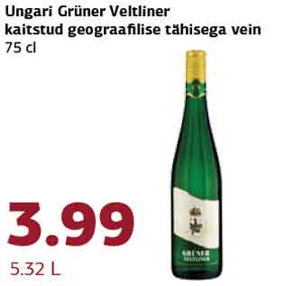 Allahindlus - Ungari Grüner Veltliner kaitstud geograafilise tähisega vein 75 cl