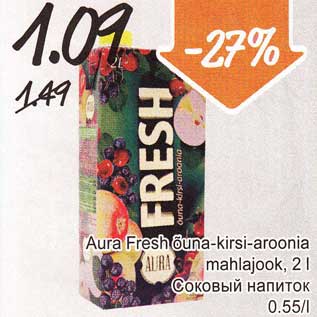 Allahindlus - Aura Fresh õuna-kirsi-aroonia mahlajook, 2 l