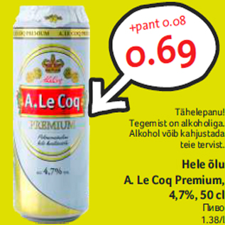 Allahindlus - Hele õlu A. Le Coq Premium