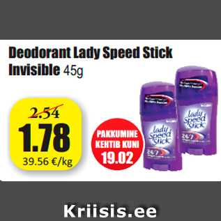 Allahindlus - Deodorant Lady Speed Stick Invisible 45g