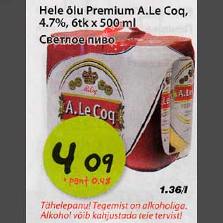 Allahindlus - Hele бlч Premium A.Le Coq, 4,7%, 6tk x 500ml