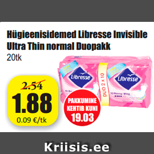 Allahindlus - Hügieenisidemed Libresse Invisible Ultra Thin normal Duopakk 20tk