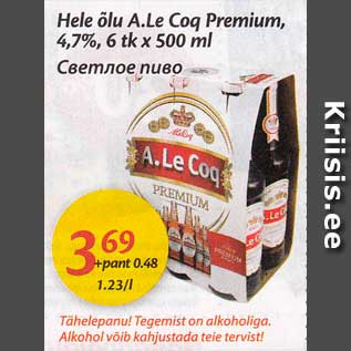 Allahindlus - Hele õlu A.Le Coq Premium, 4,7%, 6 tk x 500 ml