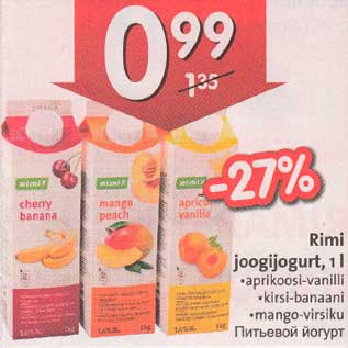 Allahindlus - Rimi joogijogurt, 1 l .aprikoosi-vanilli .kirsi-banaani .mango-virsiku