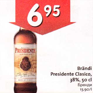 Allahindlus - Brändi Presidente Clasico, 38%,50 cl