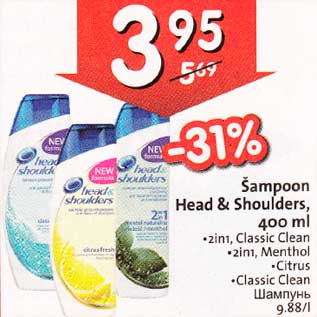 Allahindlus - Šampoon Head & Shoulders,400 ml .2in1, Classic Clean .2inl, Menthol . Citrus .Classic Сlеаn