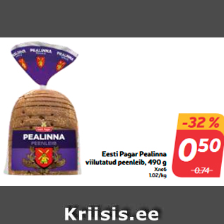 Allahindlus - Eesti Pagar Pealinna viilutatud peenleib, 490 g