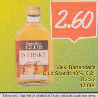 Allahindlus - Viski Barlender"s Club Scotch 40 %, 0,2 l