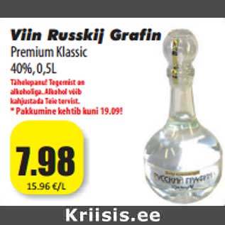 Allahindlus - Viin Russkij Grafin Premium Klassic 40%, 0,5L