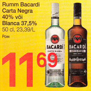 Allahindlus - Rumm Bacardi Carta Negra 40% või Blanca 37,5%