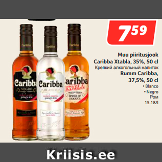 Allahindlus - Muu piiritusjook Caribba Xtabla, 35%, 50 cl; Rumm Caribba, 37,5%, 50 cl • Blanco • Negro