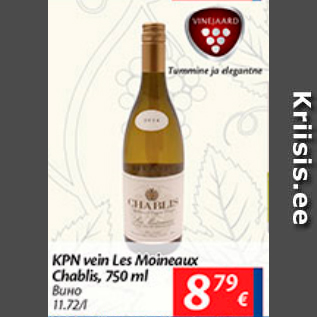 Allahindlus - KPN vein Les Moineaux Choblis, 750 ml