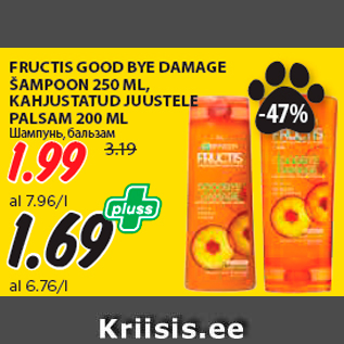 Allahindlus - FRUCTIS GOOD BYE DAMAGE ŠAMPOON 250 ML, KAHJUSTATUD JUUSTELE PALSAM 200 ML