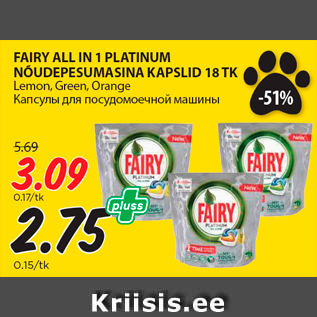 Allahindlus - FAIRY ALL IN 1 PLATINUM NÕUDEPESUMASINA KAPSLID 18 TK