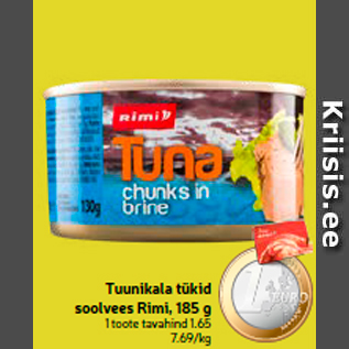 Allahindlus - Tuunikala tükid soolvees Rimi, 185 g