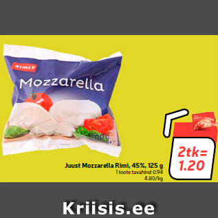 Allahindlus - Juust Mozzarella Rimi, 45%, 125 g