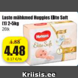 Allahindlus - Laste mähkmed Huggies Elite Soft (1) 2-5 kg / 26 tk