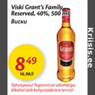 Allahindlus - Viski Grant`s Family Reserved, 40%, 500 ml