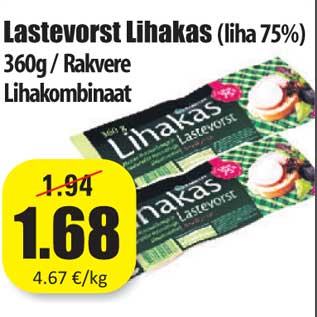 Allahindlus - Lastevorst Lihakas (liha 75%) 360g / Rakvere Lihakombinaat