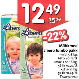 Allahindlus - Мähkmеd Libero Jumbo pakk .midi 5-8 kg,68 tk, .maxi+ l0-16 kg,56 tk, .хl 12-22 kg,52 tk