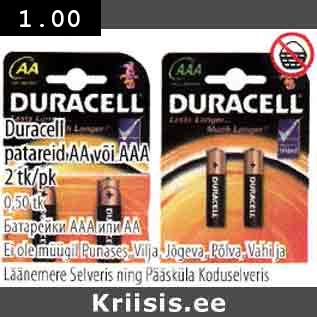 Allahindlus - Duracell patareid AA või AAA 2 tk/pk