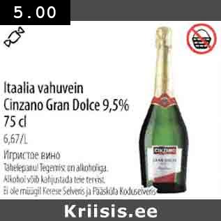 Allahindlus - ltaalia vahuvein Сiпzапо Grап Dolce 9,5Уо 75 cl