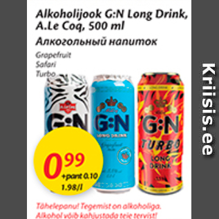 Allahindlus - Alkohoolijook G:N Long Drink, A. Le Coq, 500 ml