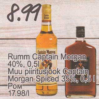 Allahindlus - .Rumm Captain Morgan 40%, 0,5 l .Muu piiritusjook Captain Morgan Spiced 35%, 0,5 l