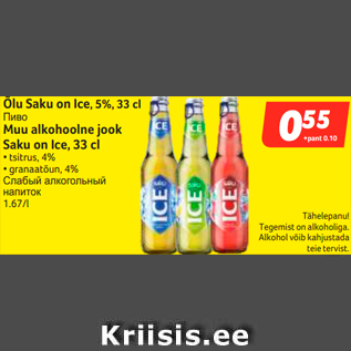 Allahindlus - Õlu Saku on Ice, 5%, 33 cl; Muu alkohoolne jook Saku on Ice, 33 cl • tsitrus, 4% • granaatõun, 4%