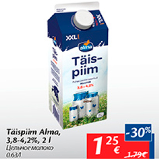 Allahindlus - Täispiim Alma, 3,8-4,2%, 2 l