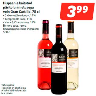 Allahindlus - Hispaania kaitstud päritolunimetusega vein Gran Castillo, 75 cl