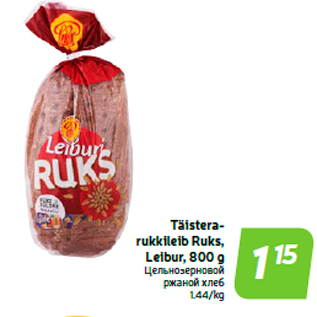 Allahindlus - Täisterarukkileib Ruks, Leibur, 800 g