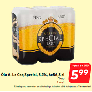 Allahindlus - Õlu A. Le Coq Special, 5,2%, 6x56,8 cl