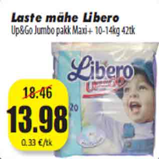 Скидка - Подгузники Libero Up & Go Jumbo Maxi + 10-14кг, 42tk