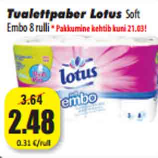 Allahindlus - Tualettpaber Lotus Soft Embo 8 rulli*