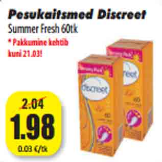 Allahindlus - Pesukaitsmed Discreet Summer Fresh 60tk