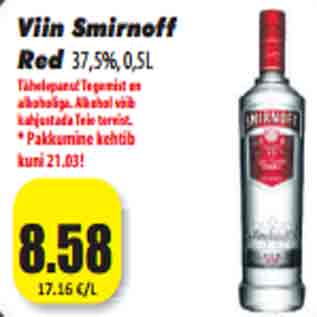 Allahindlus - Viin Smirnoff Red 37,5%, 0,5L