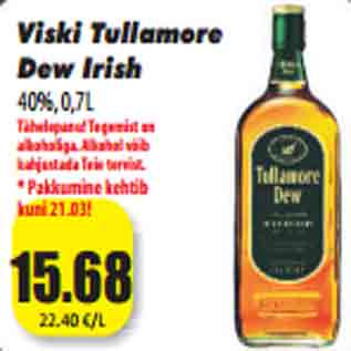 Allahindlus - Viski Tullamore Dew Irish 40%, 0,7L