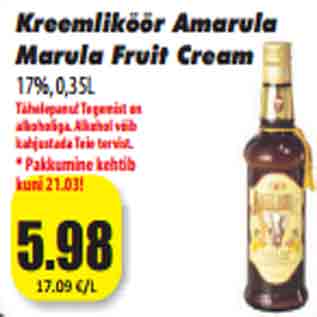 Allahindlus - Kreemliköör Amarula Marula Fruit Cream 17%, 0,35L