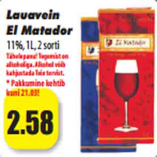 Allahindlus - Lauavein El Matador 11%, 1L, 2 sort