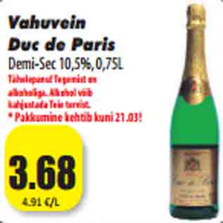 Allahindlus - Vahuvein Duc de Paris Demi-Sec 10,5%, 0,75L