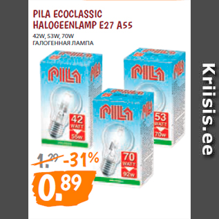 Allahindlus - PILA ECOCLASSIC HALOGEENLAMP E27 A55